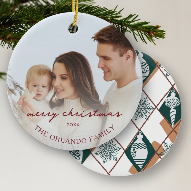Family Photo New Parents Green Merry Christmas Cer Ceramic Ornament (Creator Uploaded)