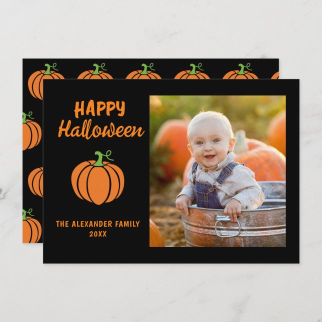 Family Photo Orange Pumpkin Black Happy Halloween Card (Front/Back)