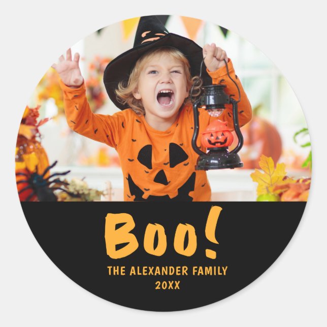 Family Photo Orange Pumpkins Black Halloween Boo Classic Round Sticker (Front)
