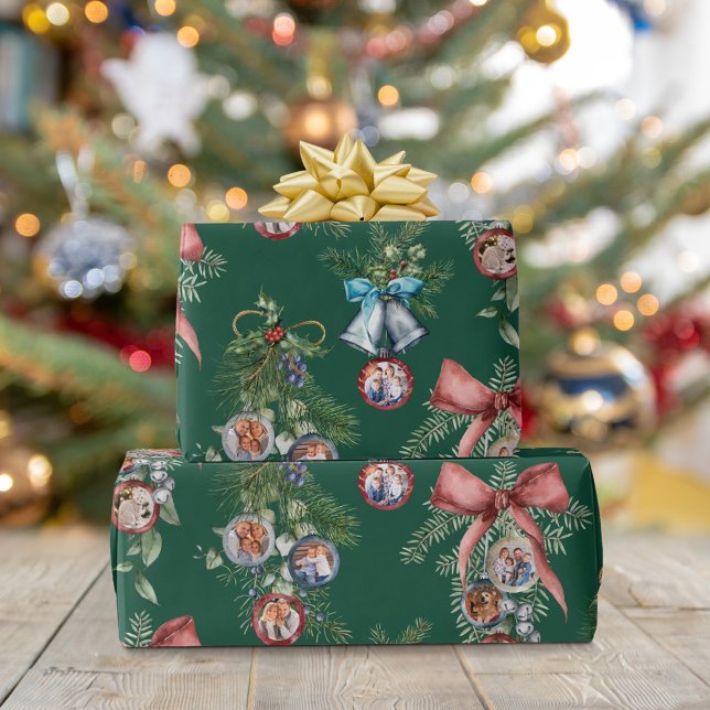 Family Photo Ornaments Christmas Green Wrapping Paper (Creator Uploaded)