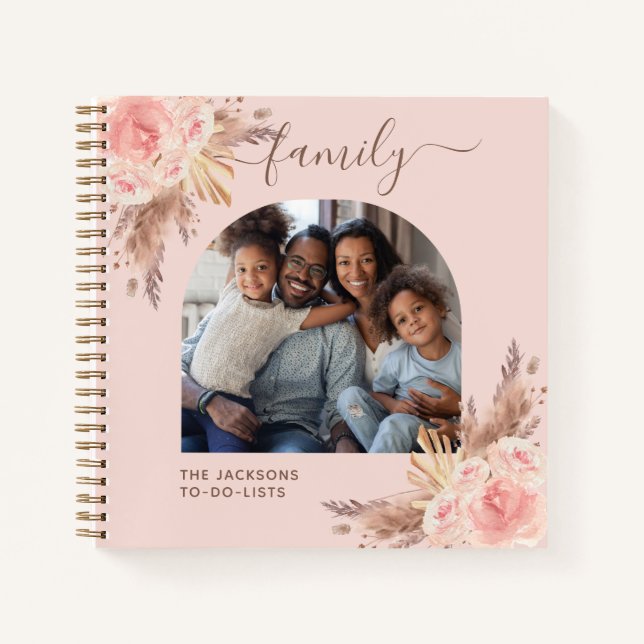 Family photo pampas grass pink floral check lists notebook (Front)