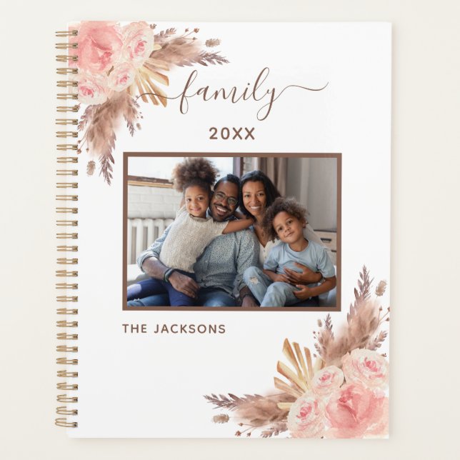 Family photo pampas grass pink floral white 2026 planner (Front)
