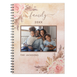 Family photo pampas grass rose gold pink florals notebook