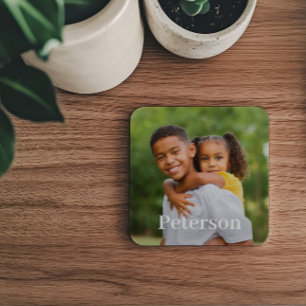 Family Photo Personalised Last Name Coaster