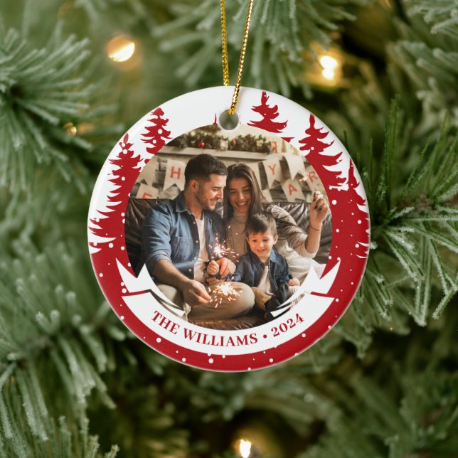Family Photo Pine Tree Christmas  Ceramic Ornament (Tree)