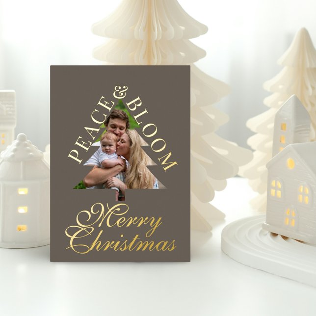 Family photo pine tree script gray gold real  (Family photo, pine tree, gold handwritten script real foil  christmas card)