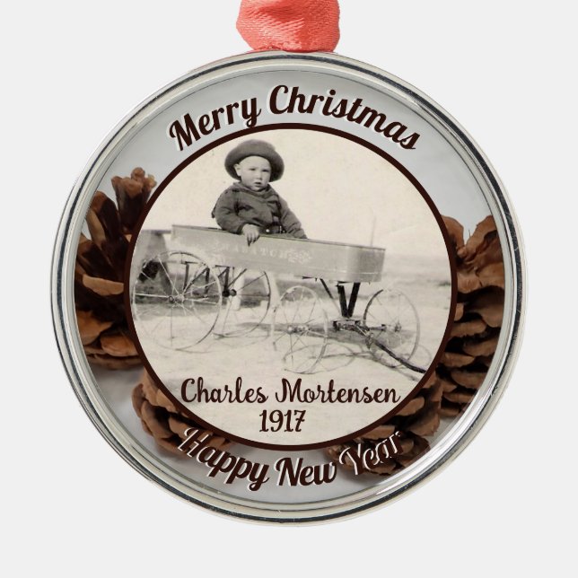 Family Photo Pinecones Name Year Merry Christmas  Metal Ornament (Front)