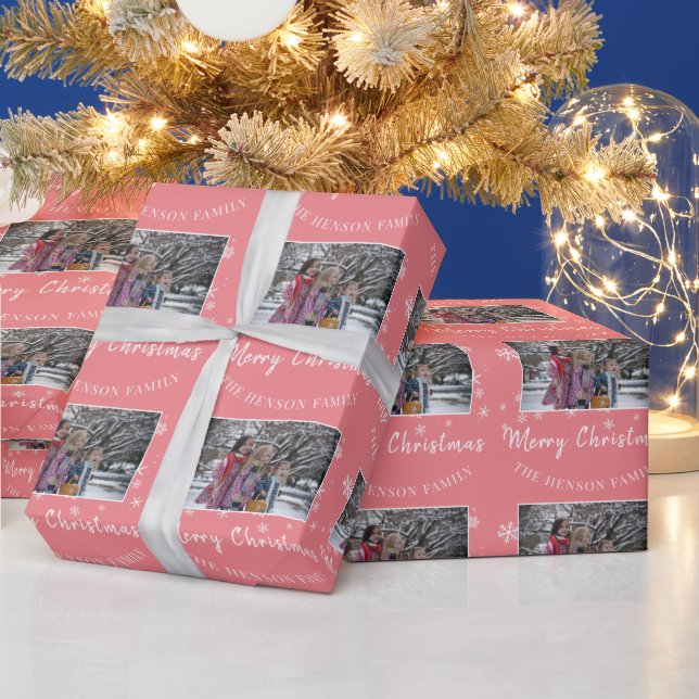 Family Photo Pink Merry Christmas Script  Wrapping Paper (Holidays)