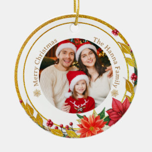 Family Photo & Poinsettia Merry Christmas Gift Ceramic Ornament