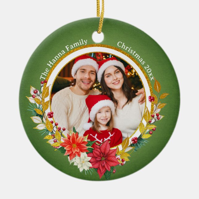 Family Photo & Poinsettia Merry Christmas Gift Ceramic Ornament (Front)