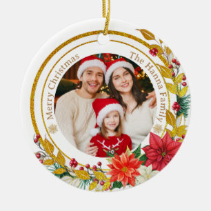 Family Photo & Poinsettia Merry Christmas Gift Ceramic Ornament