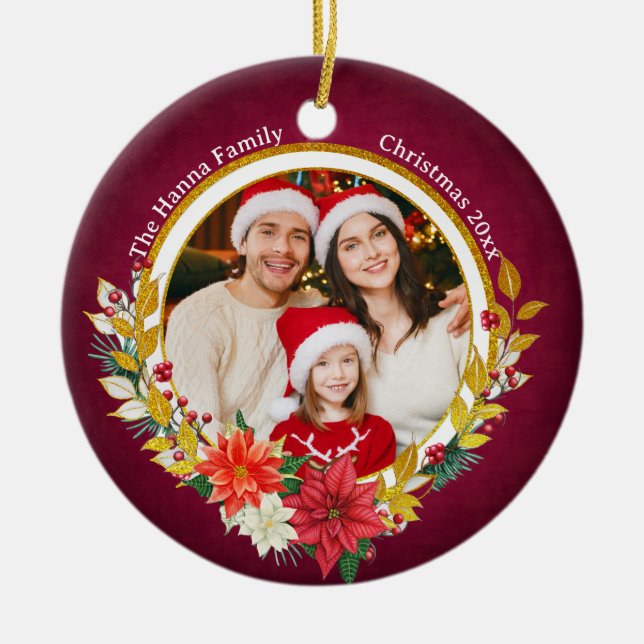 Family Photo & Poinsettia Merry Christmas Gift Ceramic Ornament (Front)
