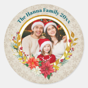 Family Photo & Poinsettia Merry Christmas Gift Classic Round Sticker