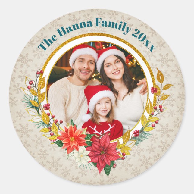Family Photo & Poinsettia Merry Christmas Gift Classic Round Sticker (Front)