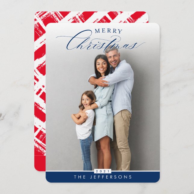 FAMILY PHOTO portrait modern calligraphy navy blue Holiday Card (Front/Back)