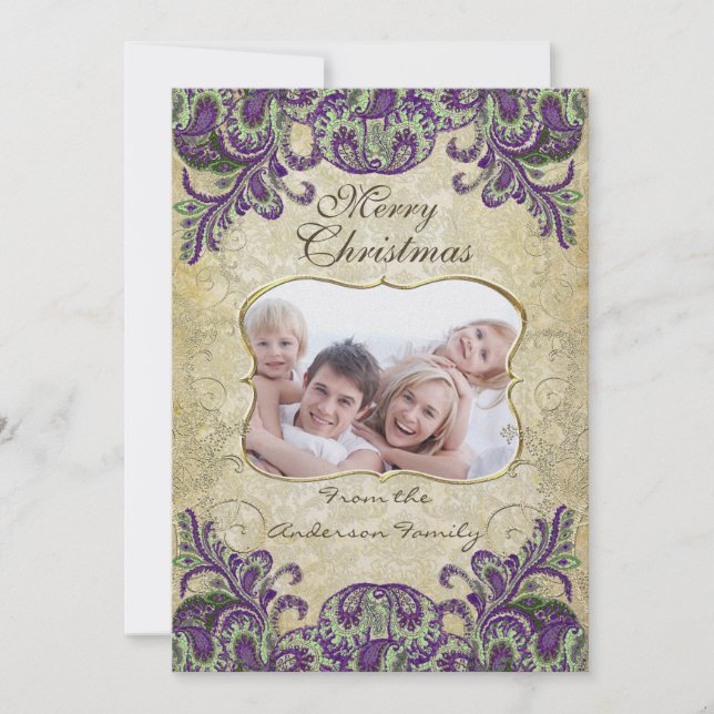 Family Photo Purple & Green Peacock Christmas Card (Front)