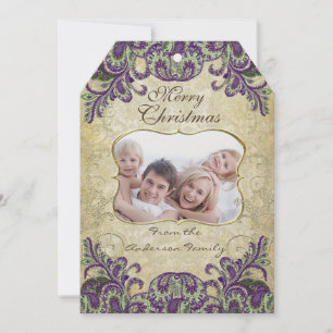 Family Photo Purple & Green Peacock Christmas Card