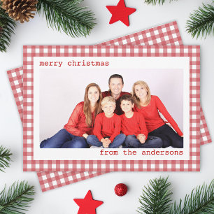 Family Photo Red and White Gingham Merry Christmas Holiday Card