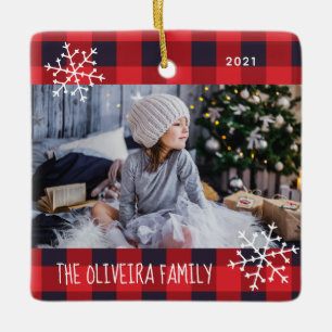 Family Photo Red Buffalo Plaid Ceramic Ornament
