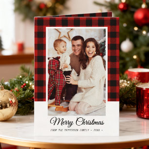 Family Photo Red Buffalo Plaid Merry Christmas Card