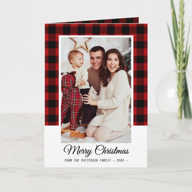 Family Photo Red Buffalo Plaid Merry Christmas Card (Front)