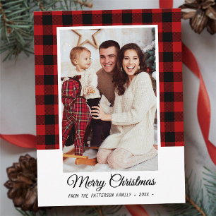 Family Photo Red Buffalo Plaid Merry Christmas Postcard