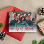 Family Photo Red Calligraphy Merry Christmas Holiday Card<br><div class="desc">Traditional Christmas card with your photo covering the entire card. At the bottom of the card,  a white gradient and merry christmas written in a red calligraphy script. Add your family name and the year. The back features a rustic large scale plaid pattern</div>