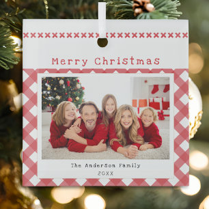 Family Photo Red Gingham Personalised Christmas Glass Tree Decoration
