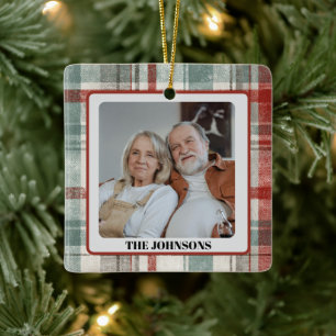 Family Photo Red & Green Plaid Christmas Ornament