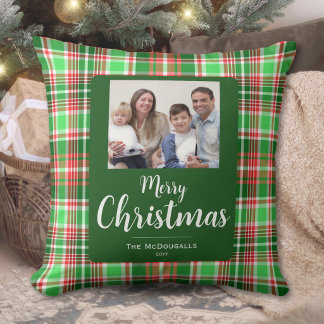 Family Photo Red Green Plaid Merry Christmas Cushion