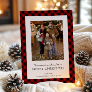 Family Photo Red Lumberjack Plaid Merry Christmas Holiday Card