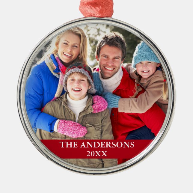 Family Photo Red Metal Ornament (Front)