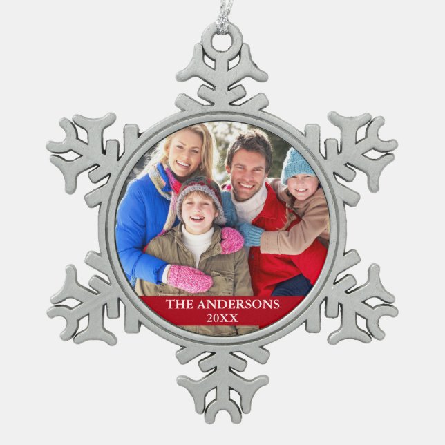 Family Photo Red Snowflake Pewter Christmas Ornament (Front)