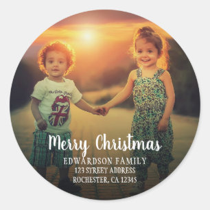 Family photo return address Merry Christmas Classic Round Sticker