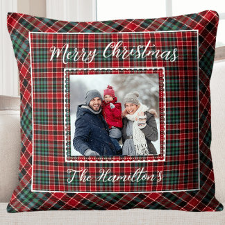 Family Photo Rustic Christmas Plaid Cushion
