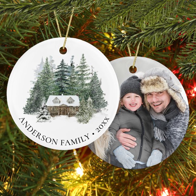 Family Photo Rustic Pine Forest Cabin Christmas Ceramic Ornament (Creator Uploaded)