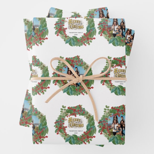 Family Photo Script Holiday Merry Christmas Card Wrapping Paper Sheet (In situ)
