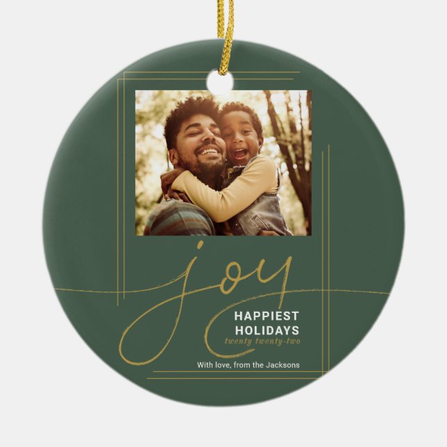 Family Photo Script Joy Christmas Holiday Ceramic Ornament (Front)