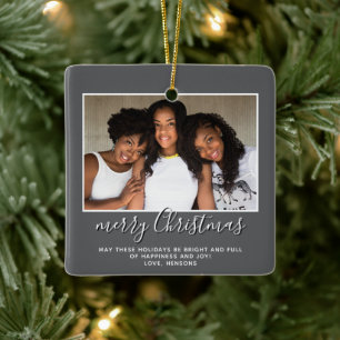 Family Photo Simple Minimalist Script Christmas  Ceramic Ornament