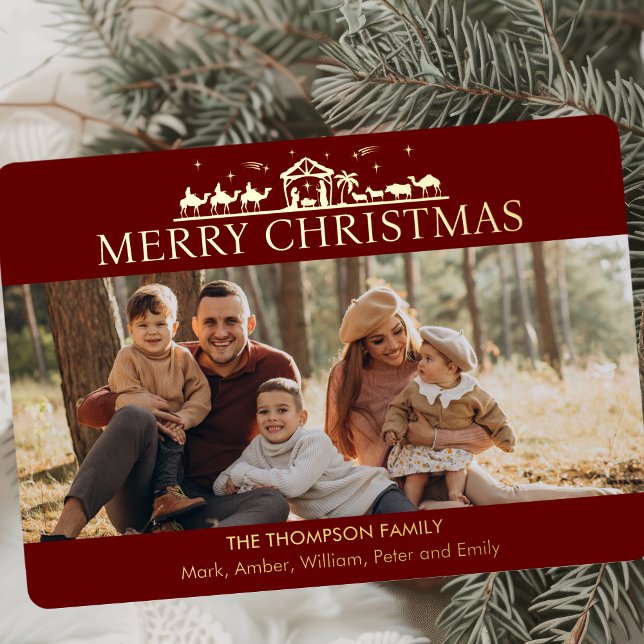 Family Photo Simple Nativity Religious Christmas Foil Holiday Card (Creator Uploaded)