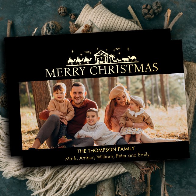 Family Photo Simple Nativity Religious Christmas Foil Holiday Card (Creator Uploaded)
