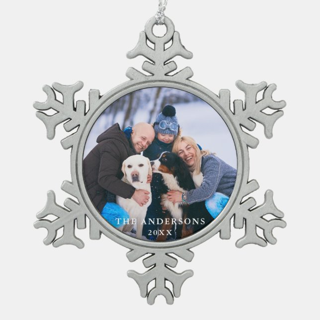 Family Photo Snowflake Pewter Christmas Ornament (Front)