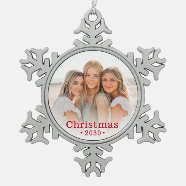Family Photo  Snowflake Pewter Christmas Ornament (Front)