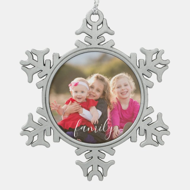 Family Photo Snowflake Pewter Christmas Ornament (Front)