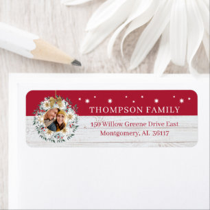 Family Photo Snowflake Wreath White Wood Shiplap Return Address Label