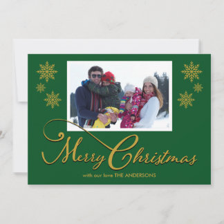 Family Photo Snowflakes Green Christmas Card