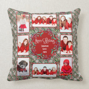 Family Photo Template Christmas Red + Green Plaid Cushion