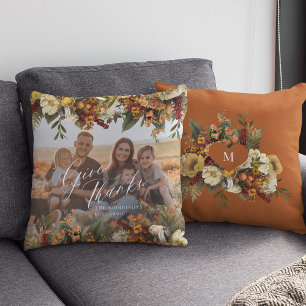 Family photo Thanksgiving give thanks fall floral  Cushion