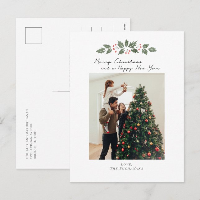 Family Photo Tree Merry Christmas Berries Holiday Postcard (Front/Back)