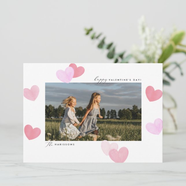 Family Photo Watercolor Hearts Valentines Day Card (Standing Front)